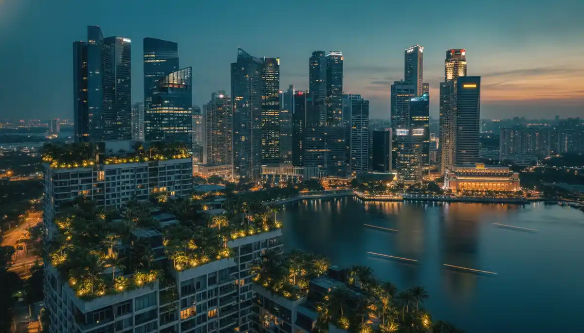 tropical city skyline at dusk with rooftop gardens and towers beside a bay